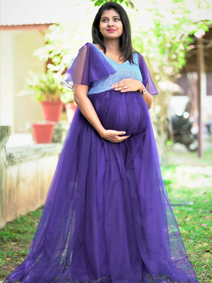 G432, Cyan Blue Frill Maternity Trail Baby Shower Gown, Size (All) – Style  Icon www.dressrent.in