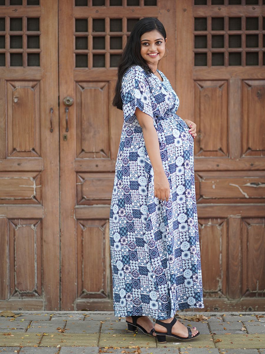 Maternity Short Night Gown- Floral (Light Green)