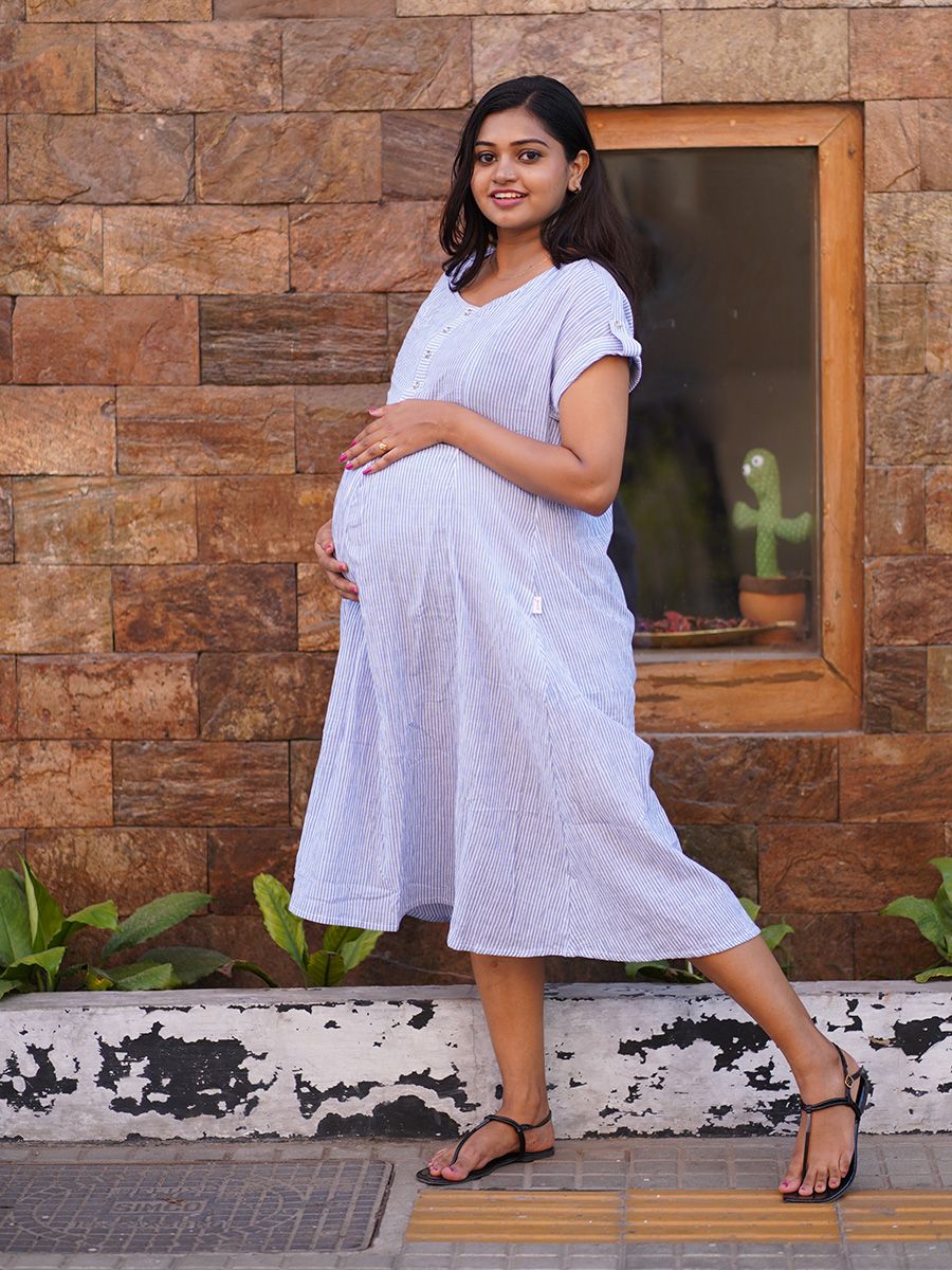 Maternity Short Dress- Lines (Light Blue)