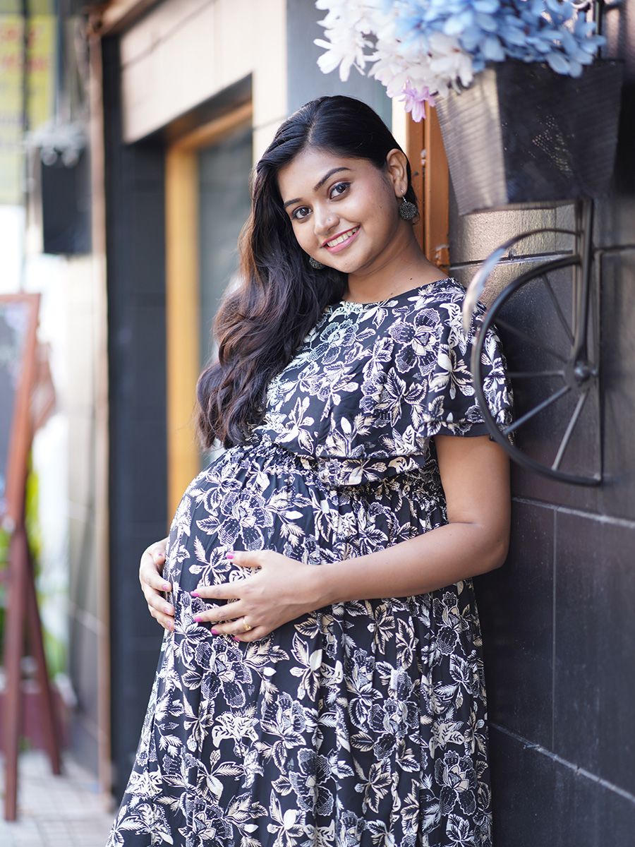 Maternity Short Dress- Floral (Black)