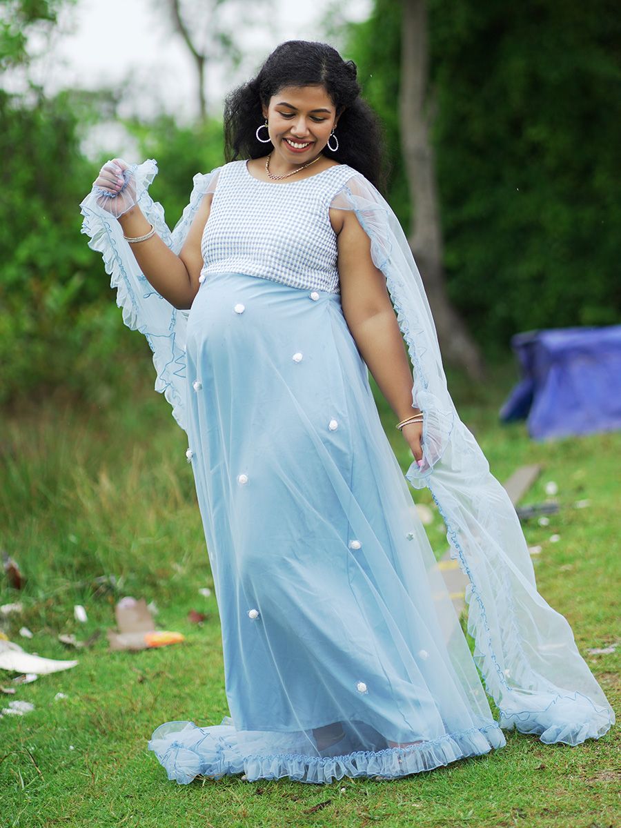 Maternity Baby Shower Net & Brocade Gown- L Blue