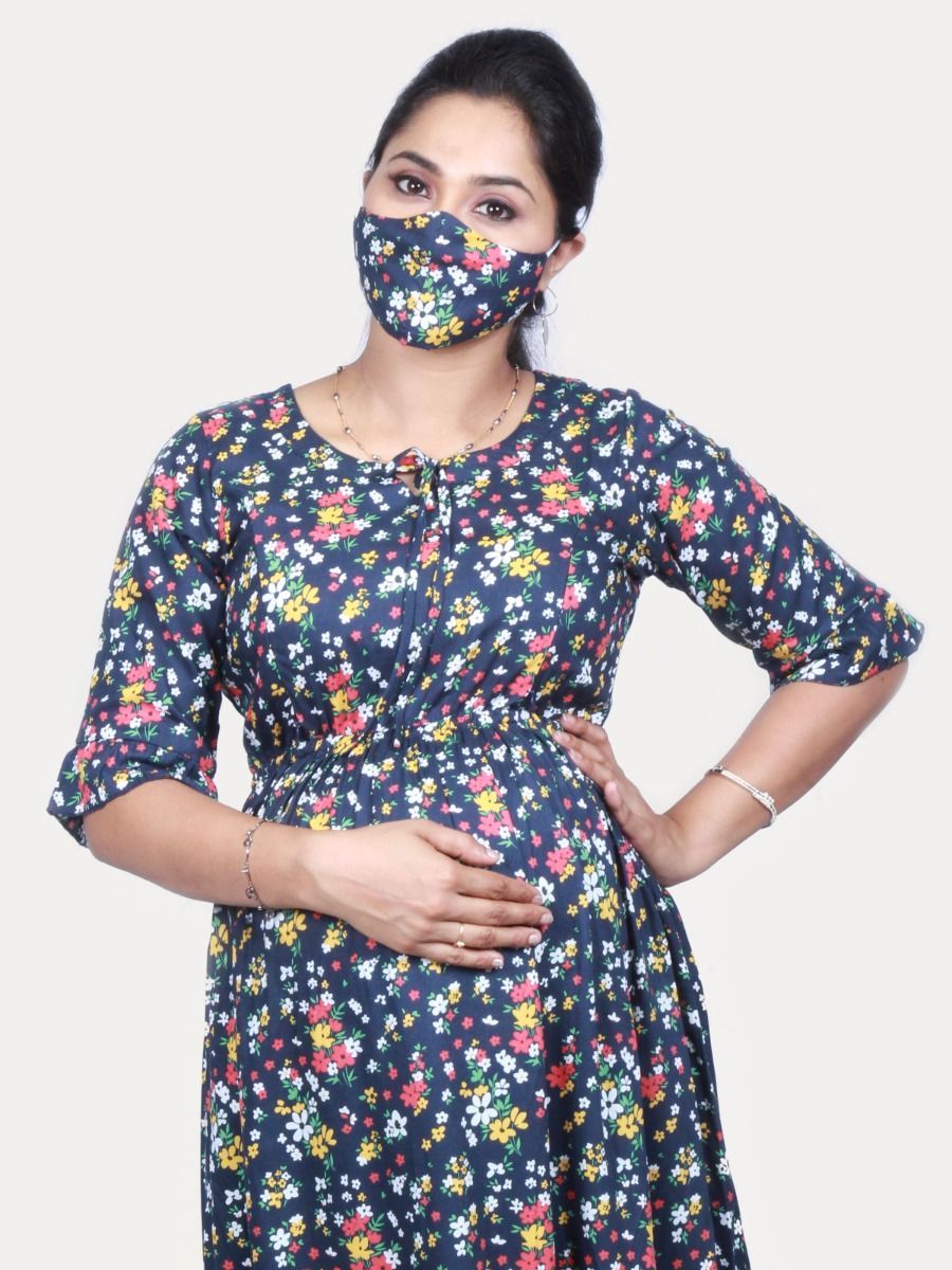 Maternity & Nursing short dress with FREE MASK (MISA BLUE)