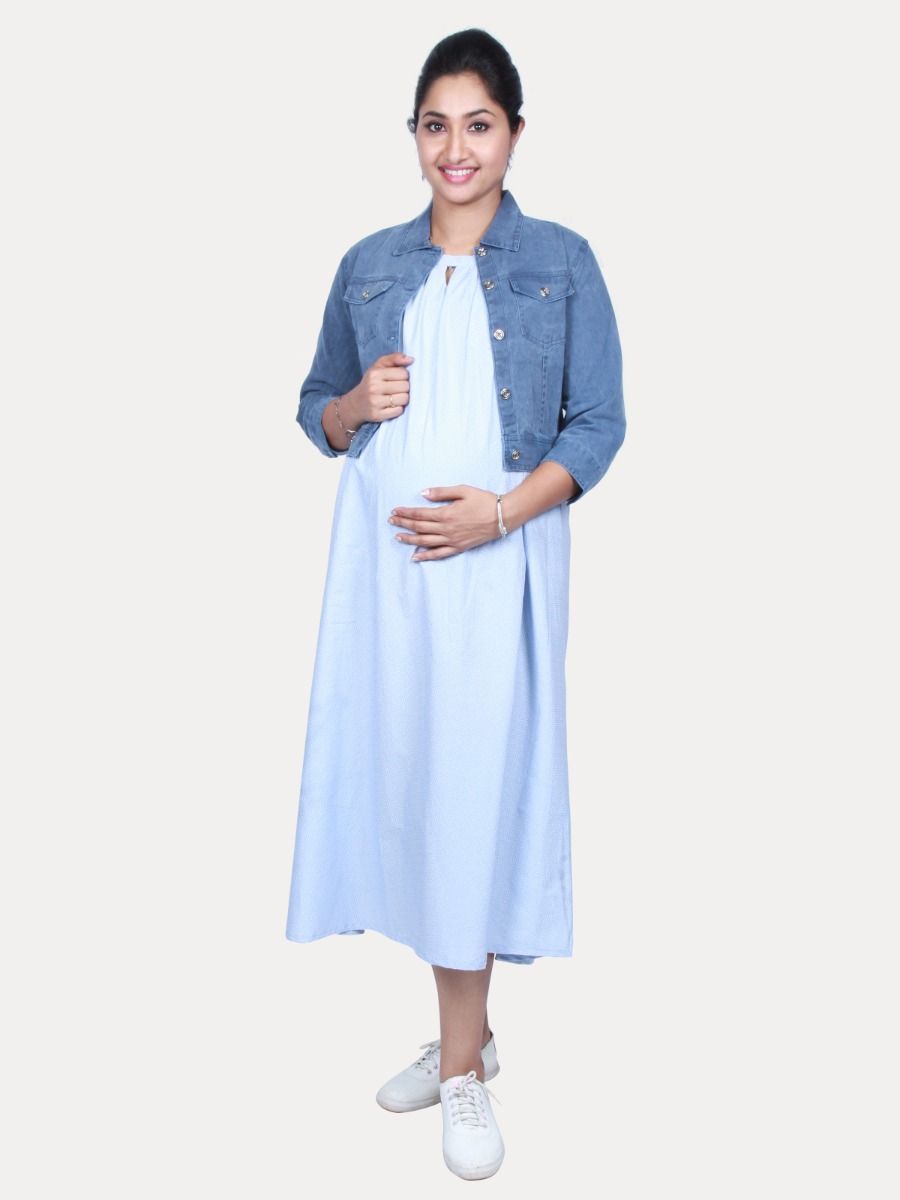 Maternity Sleeveless Dress with Jean Jacket & Free Mask
