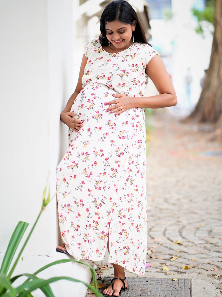 Maternity Full Gown- Floral (Off white)