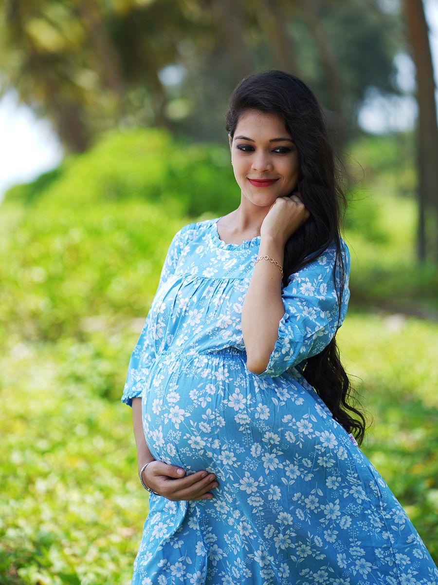 Maternity short Dress- L Blue floral