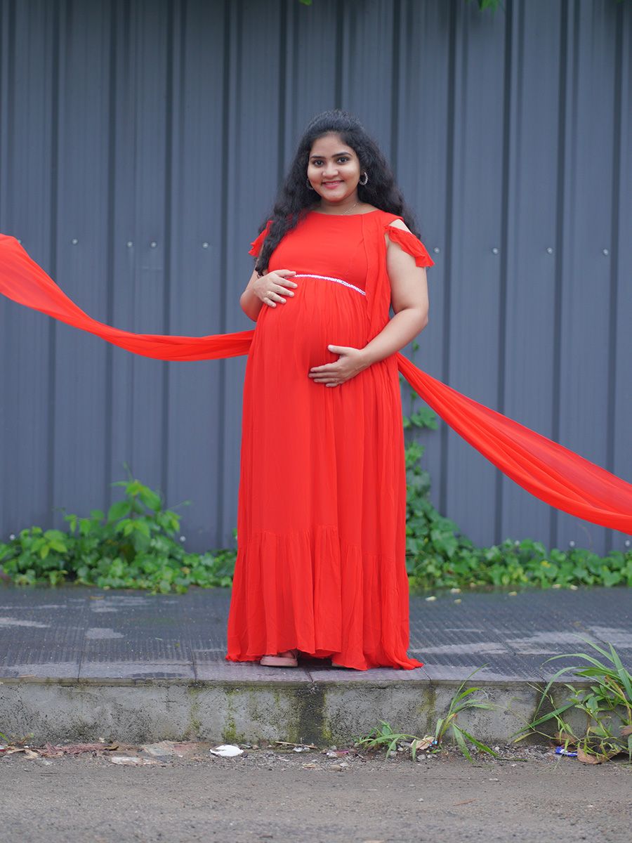 Red maternity tulle gown for photoshoot - baby shower red mermaid dres
