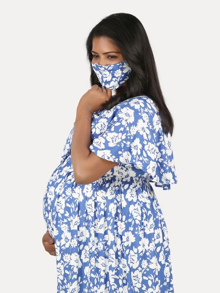 Maternity Nightie Short with Free Mask (Fin Blue)