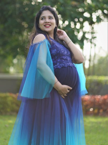 Sea Green Net Photoshoot and Baby Shower Maternity Gown Online