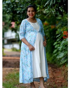 Maternity Floral Printed Jacket with Inner- L Blue