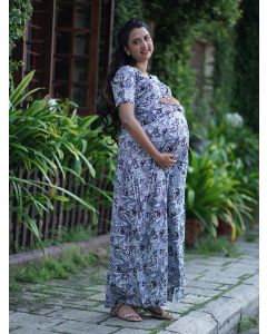 Maternity Full Night Gown-  (Blue)